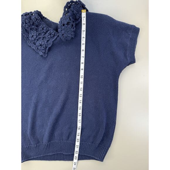 VTG Crochet Collar Short Sleeve Sweater Womens M Navy Blue Preppy GrannyCore - Picture 8 of 14